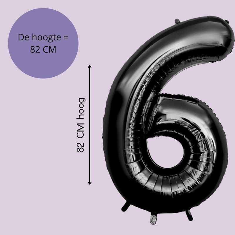 Fienosa Cijfer Ballonnen nummer 6 - Zwart - 82 cm - Helium Ballon - Verjaardag ballon - Verjaardag versiering - Leeftijd verjaardag - Verjaardagsballon - Verjaardag