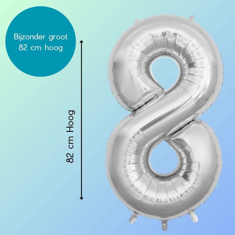 Fienosa Cijfer Ballonnen - Nummer 8 - Zilver Kleur - 82 cm - XL Groot - Helium Ballon - Verjaardag Ballon - Verjaardag versiering - Leeftijd verjaardag - Verjaardagsballon - Verjaardag