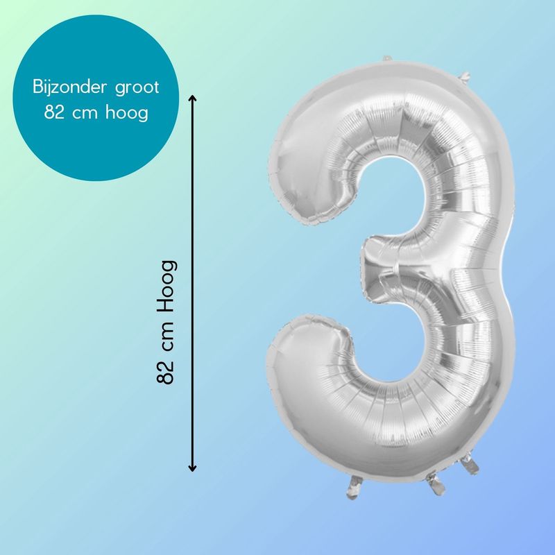Fienosa Cijfer Ballonnen - Nummer 3 - Zilver Kleur - 82 cm - XL Groot - Helium Ballon - Verjaardag Ballon - Verjaardag versiering - Leeftijd verjaardag - Verjaardagsballon - Verjaardag