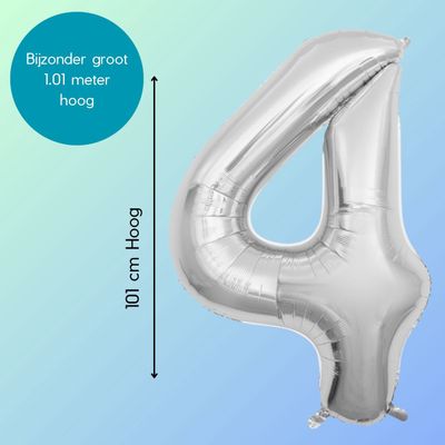 Fienosa Cijfer Ballonnen - Nummer 4 - Zilver Kleur - 101 cm - XL Groot - Helium Ballon - Verjaardag Ballon - Verjaardag versiering - Leeftijd verjaardag - Verjaardagsballon - Verjaardag