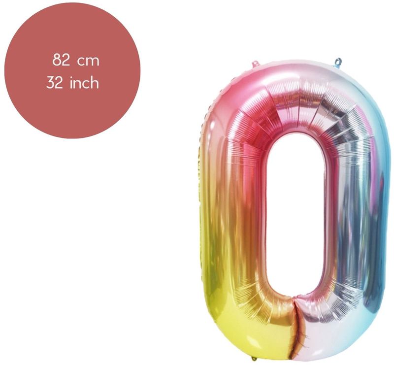 Fienosa Cijfer Ballonnen nummer 0 - Regenboog kleuren - 82 cm - 10 - 20 - 30 - 40 - 50 - 60 - 70 - 80 - 90 - 100 - Leeftijd verjaardag - Verjaardagsballon - Verjaardag