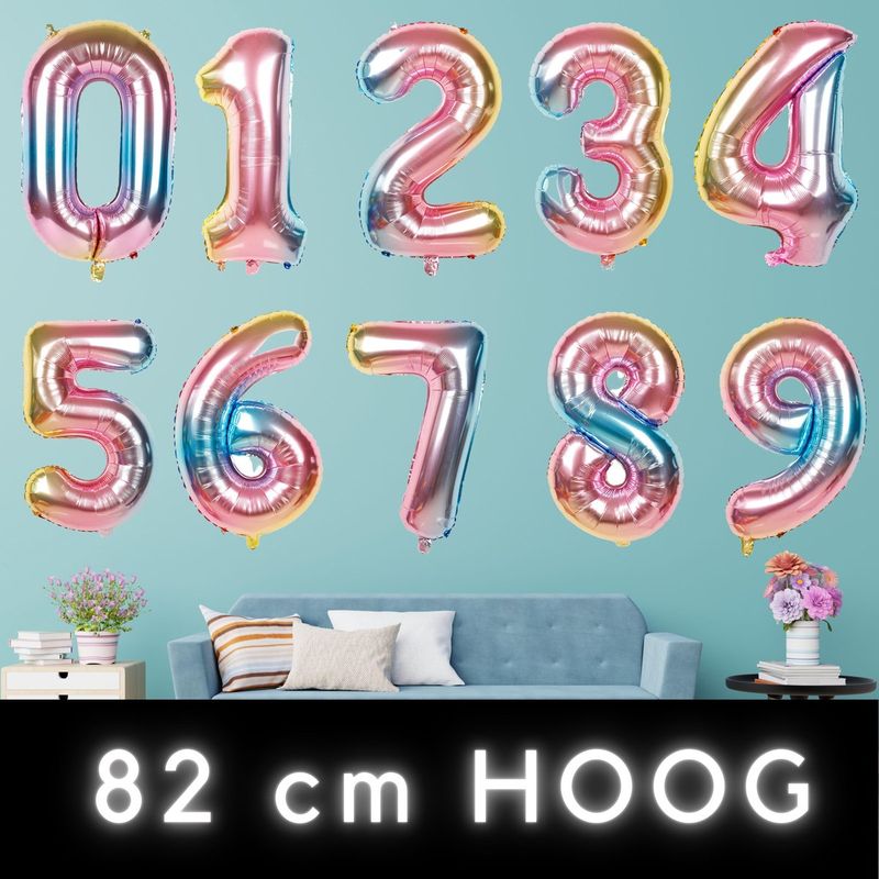 Fienosa Cijfer Ballonnen nummer 0 - Regenboog kleuren - 82 cm - 10 - 20 - 30 - 40 - 50 - 60 - 70 - 80 - 90 - 100 - Leeftijd verjaardag - Verjaardagsballon - Verjaardag