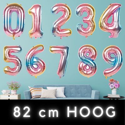 Fienosa Cijfer Ballonnen nummer 0 - Regenboog kleuren - 82 cm - 10 - 20 - 30 - 40 - 50 - 60 - 70 - 80 - 90 - 100 - Leeftijd verjaardag - Verjaardagsballon - Verjaardag