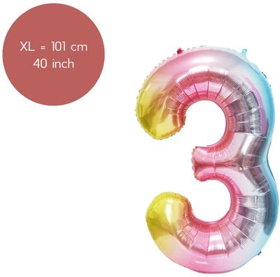 Fienosa Cijfer Ballonnen nummer 3 - Regenboog - 101 cm - XL Groot - Helium Ballon- Verjaardag Ballon - Verjaardag Versiering - Verjaardag Decoratie - Leeftijd verjaardag - Verjaardagsballon -