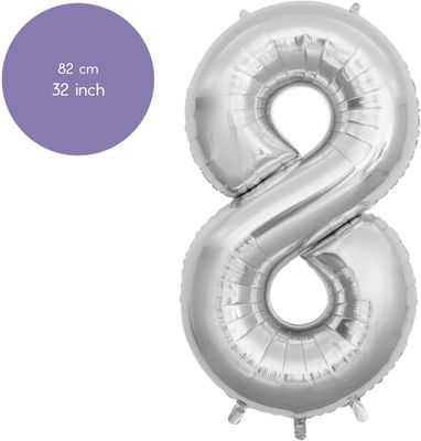Fienosa Cijfer Ballonnen - Nummer 8 - Zilver Kleur - 82 cm - XL Groot - Helium Ballon - Verjaardag Ballon - Verjaardag versiering - Leeftijd verjaardag - Verjaardagsballon - Verjaardag