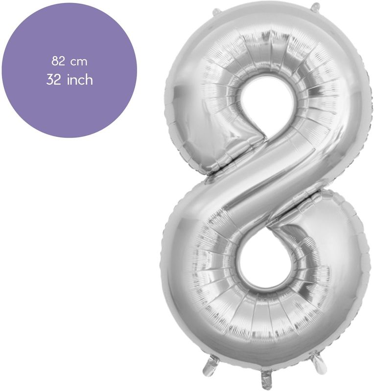 Fienosa Cijfer Ballonnen - Nummer 8 - Zilver Kleur - 82 cm - XL Groot - Helium Ballon - Verjaardag Ballon - Verjaardag versiering - Leeftijd verjaardag - Verjaardagsballon - Verjaardag