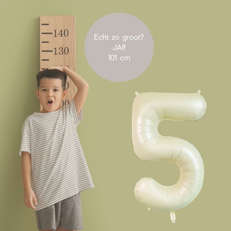 Fienosa Cijfer Ballonnen - Nummer 5 Beige - Ivory - Ivoor Kleur - 101 cm - XL Groot - Helium Ballon - Verjaardag Ballon - Verjaardag versiering - Leeftijd verjaardag - Verjaardagsballon - Verjaardag