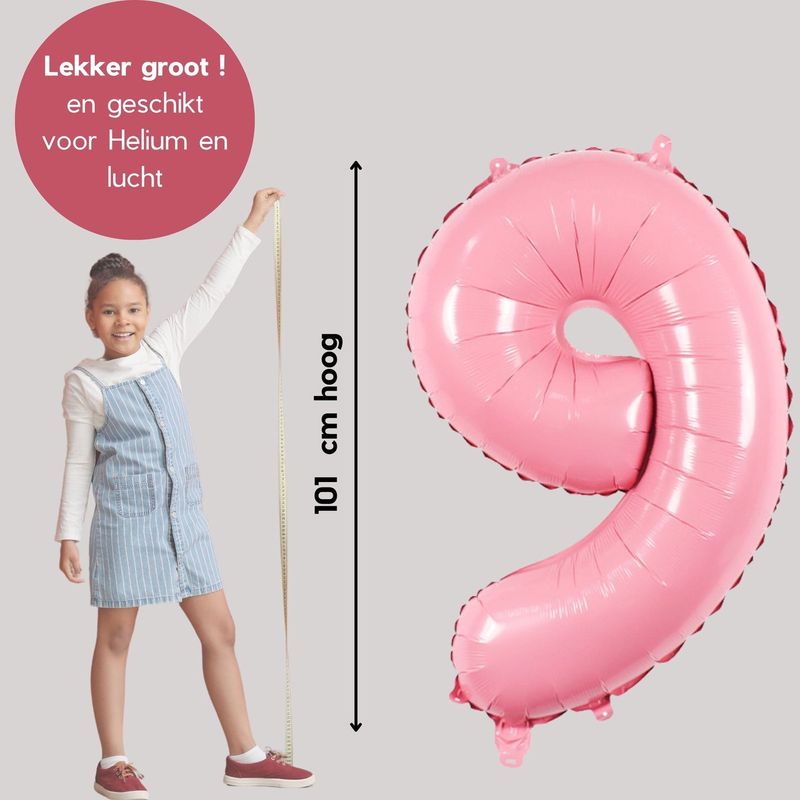 Cijfer Ballonnen Roze 9 - Nummer 9 - Roze - 101 cm - Helium Ballon - Verjaardag Versiering - Verjaardag Ballon - Leeftijd