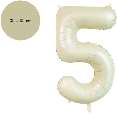 Fienosa Cijfer Ballonnen - Nummer 5 Beige - Ivory - Ivoor Kleur - 101 cm - XL Groot - Helium Ballon - Verjaardag Ballon - Verjaardag versiering - Leeftijd verjaardag - Verjaardagsballon - Verjaardag