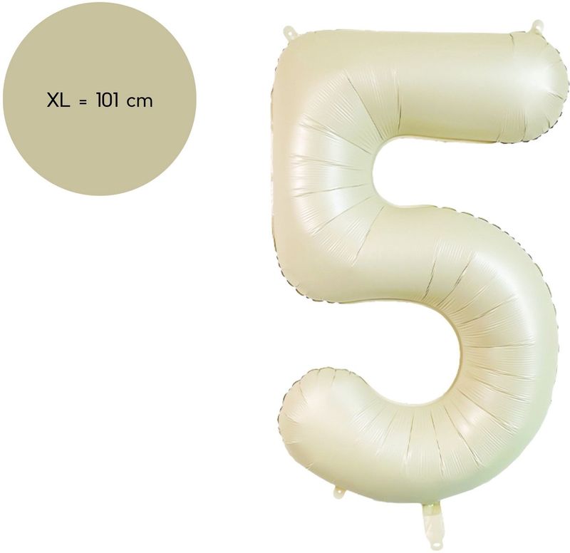 Fienosa Cijfer Ballonnen - Nummer 5 Beige - Ivory - Ivoor Kleur - 101 cm - XL Groot - Helium Ballon - Verjaardag Ballon - Verjaardag versiering - Leeftijd verjaardag - Verjaardagsballon - Verjaardag