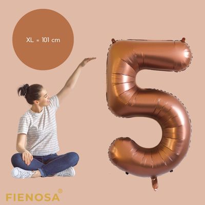 Fienosa Cijfer Ballonnen - Nummer 5 - Bruin - Kleur - 101 cm - XL Groot - Helium Ballon - Verjaardag Ballon - Verjaardag versiering - Leeftijd verjaardag - Verjaardagsballon - Verjaardag
