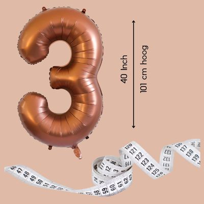 Fienosa Cijfer Ballonnen - Nummer 3 - Bruin - Kleur - 101 cm - XL Groot - Helium Ballon - Verjaardag Ballon - Verjaardag versiering - Leeftijd verjaardag - Verjaardagsballon - Verjaardag