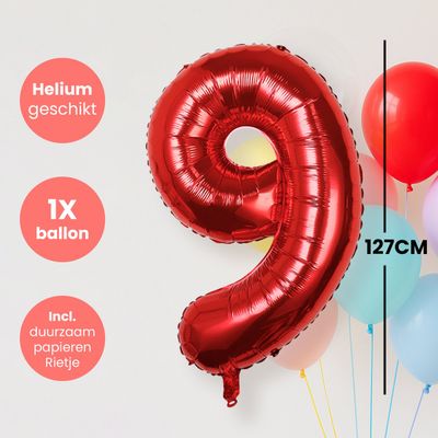Fienosa Cijfer Ballonnen nummer 9 - Rood - 127 cm - XXL Groot - Helium Ballon - Verjaardag Ballon - Leeftijd verjaardag - Verjaardagsballon - Verjaardag