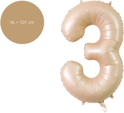 Fienosa Cijfer Ballonnen - Nummer 3 Caramel Zand Kleur - 101 cm - XL Groot - Helium Ballon - Verjaardag Ballon - Verjaardag versiering - Leeftijd verjaardag - Verjaardagsballon - Verjaardag