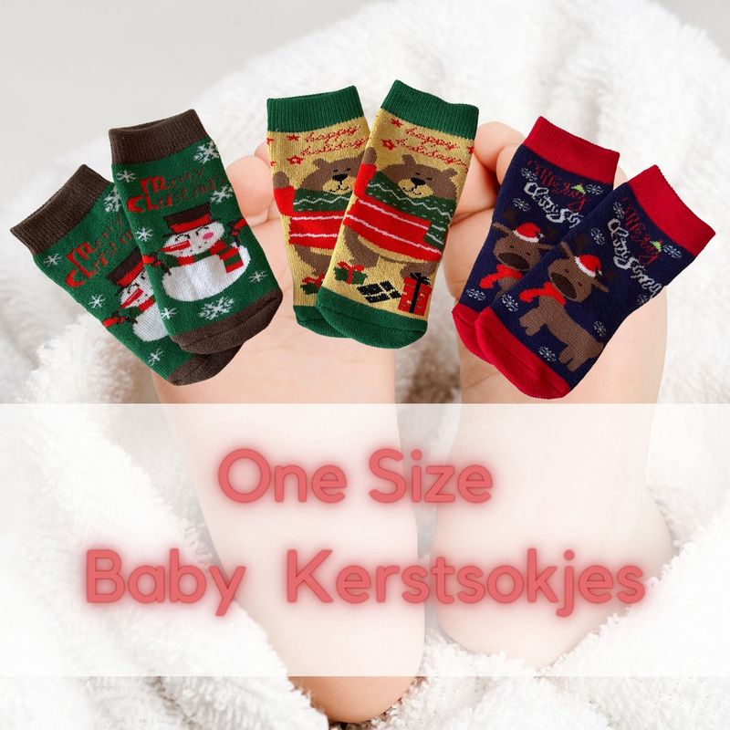 Fienosa Baby Sokjes Kerst Motief - 3 Paar - Beige - Blauw - Groen - Kerstcadeau