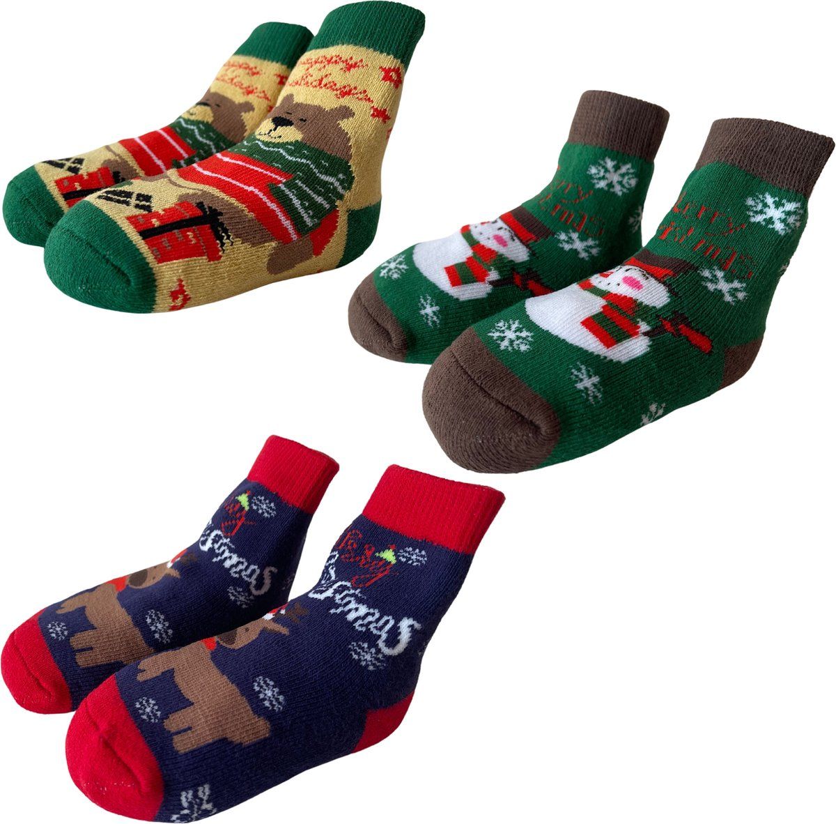 Fienosa Baby Sokjes Kerst Motief - 3 Paar - Beige - Blauw - Groen - Kerstcadeau