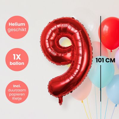 Fienosa Cijfer Ballonnen nummer 9 - Rood - 101 cm - XL Groot - Helium Ballon - Verjaardag Ballon - Leeftijd verjaardag - Verjaardagsballon - Verjaardag