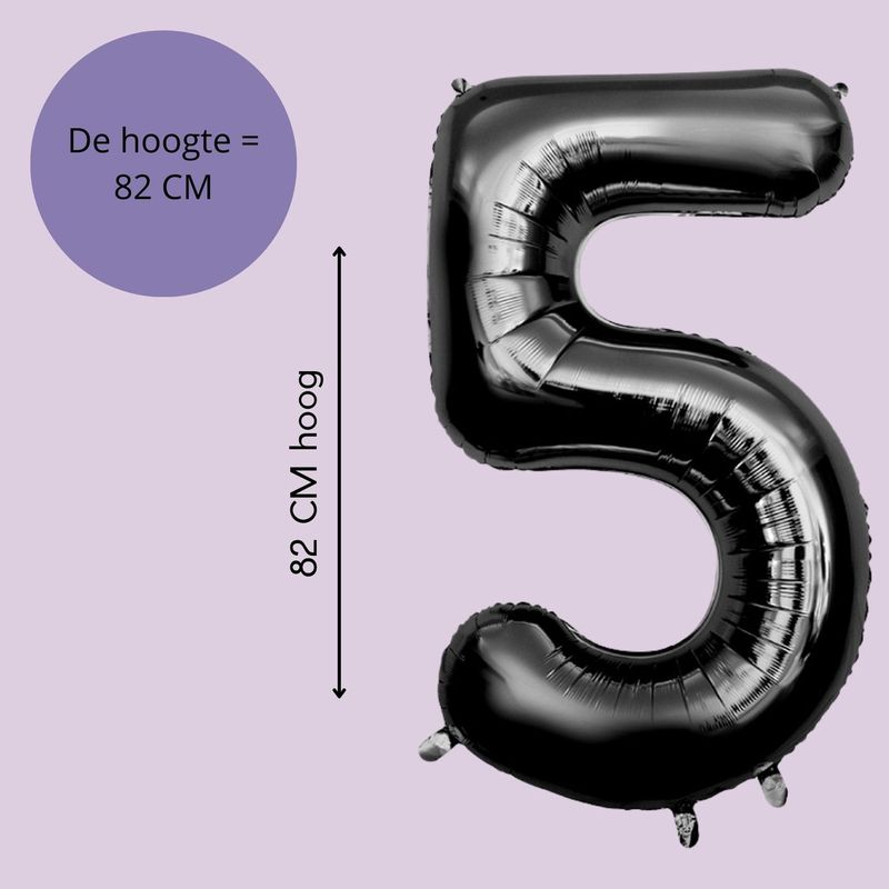Fienosa Cijfer Ballonnen nummer 5 - Zwart - 82 cm - Helium Ballon - Verjaardag ballon - Verjaardag versiering - Leeftijd verjaardag - Verjaardagsballon - Verjaardag