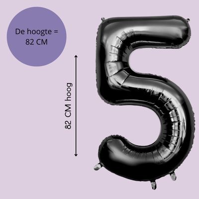 Fienosa Cijfer Ballonnen nummer 5 - Zwart - 82 cm - Helium Ballon - Verjaardag ballon - Verjaardag versiering - Leeftijd verjaardag - Verjaardagsballon - Verjaardag