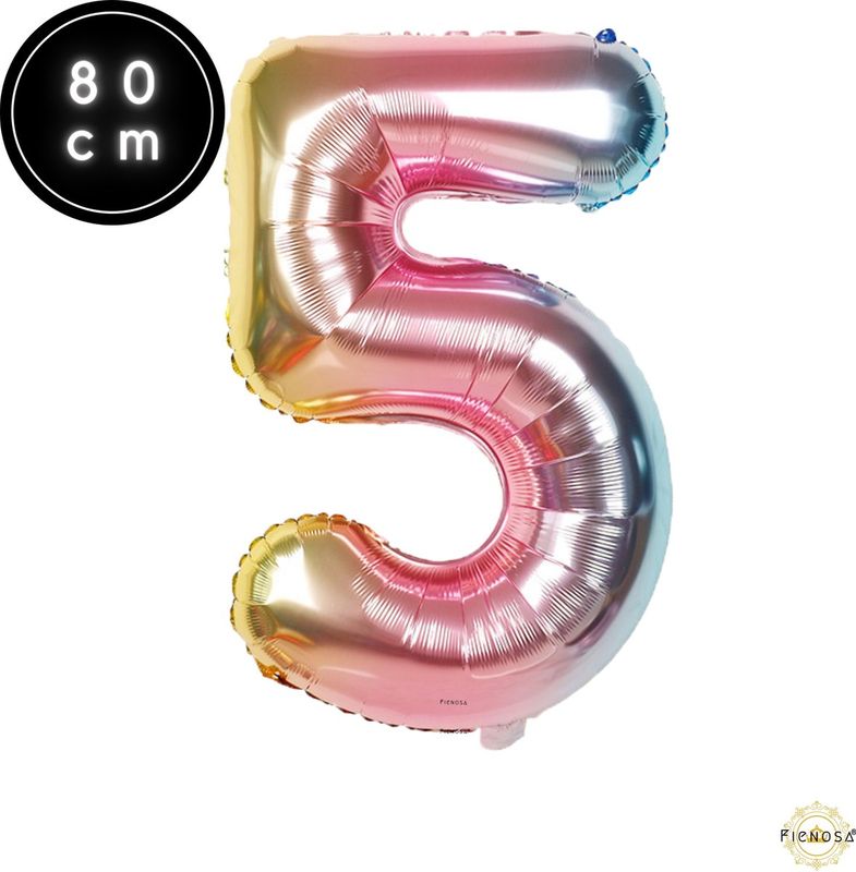 Fienosa Cijfer Ballonnen nummer 5 - Regenboog kleuren - 82 cm - 15 - 25 - 35 - 45 - 50 - 55 - 65 - 75 - 85 - 95 - Leeftijd verjaardag - Verjaardagsballon - Verjaardag