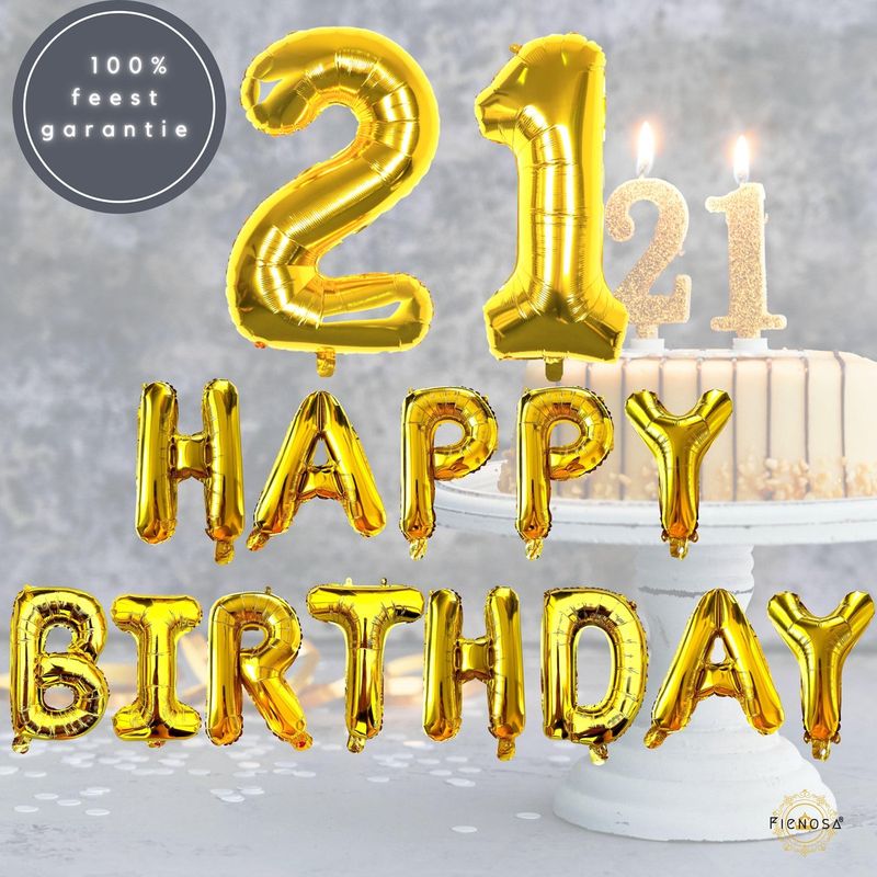 Verjaardag Versiering - 21e Verjaardag - Happy Birthday - Goud - Happy Birthday Slinger - Ballonnen Verjaardag - Verjaardag Decoratie - Fienosa