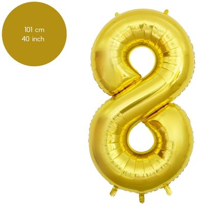 Fienosa Cijfer 8 Ballon - Nummer 8 - Goud Kleur - 101 cm - Cijferballon - XL Groot - Helium Ballon - Verjaardag Ballon - Verjaardag Versiering - Feest - Feestversiering - Leeftijd verjaardag -