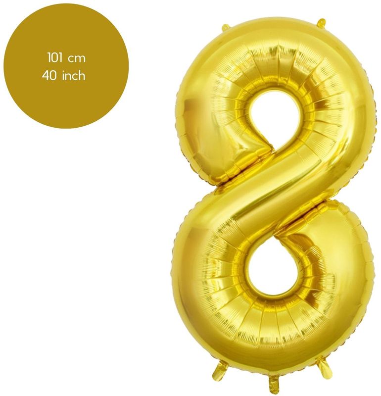 Fienosa Cijfer 8 Ballon - Nummer 8 - Goud Kleur - 101 cm - Cijferballon - XL Groot - Helium Ballon - Verjaardag Ballon - Verjaardag Versiering - Feest - Feestversiering - Leeftijd verjaardag -