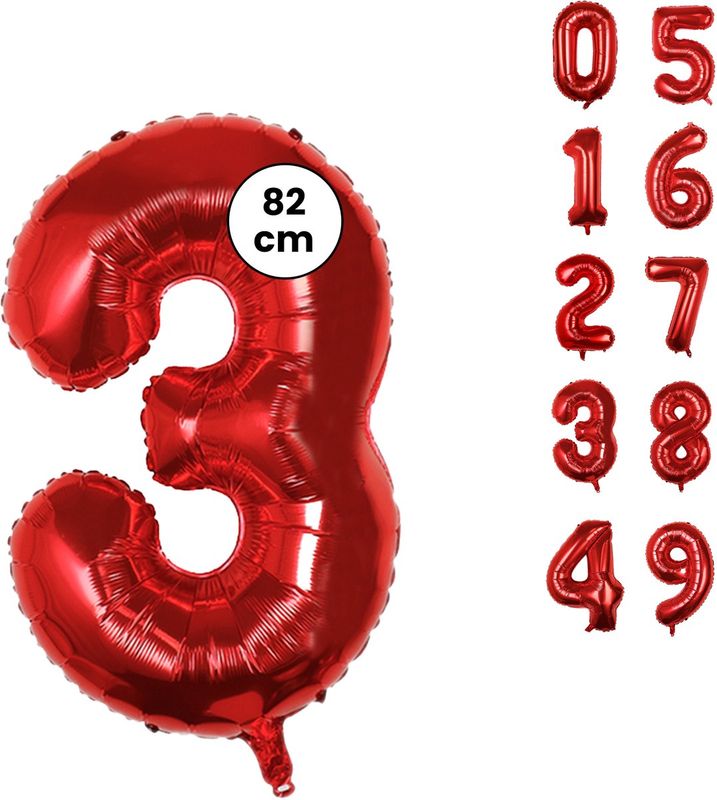 Cijfer Ballonnen - Nummer 3 - Rood - 82 cm - Helium Ballon - Fienosa- Leeftijd verjaardag - Verjaardagsballon - Verjaardag