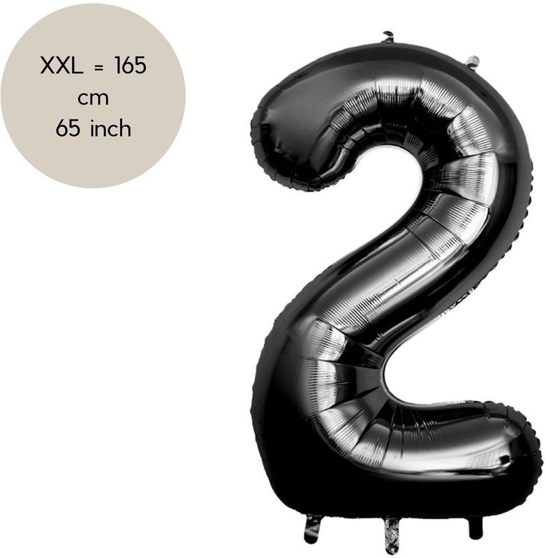 Fienosa Cijfer Ballonnen nummer 2 - Zwart - 165 cm - Helium Ballon - Verjaardag ballon - Verjaardag versiering - Leeftijd verjaardag - Verjaardagsballon - Verjaardag