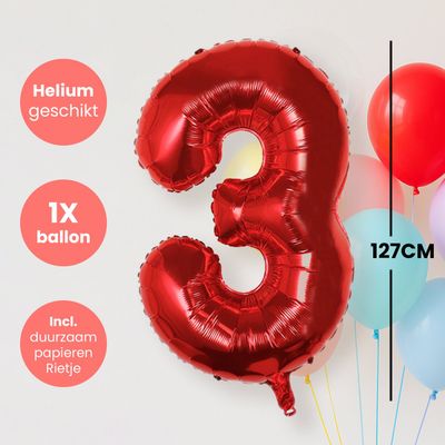 Fienosa Cijfer Ballonnen nummer 3 - Rood - 127 cm - XXL Groot - Helium Ballon - Verjaardag Ballon - Leeftijd verjaardag - Verjaardagsballon - Verjaardag