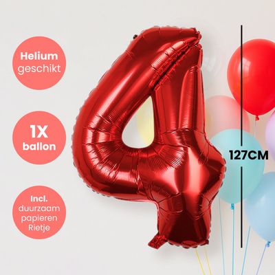 Fienosa Cijfer Ballonnen nummer 4 - Rood - 127 cm - XXL Groot - Helium Ballon - Verjaardag Ballon - Leeftijd verjaardag - Verjaardagsballon - Verjaardag