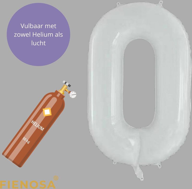 Fienosa - Cijfer Ballonnen - Nummer 0 - Wit - 101 cm - Helium Ballon - Verjaardag Ballon - Verjaardag Versiering - Leeftijd verjaardag - Verjaardagsballon - Verjaardag