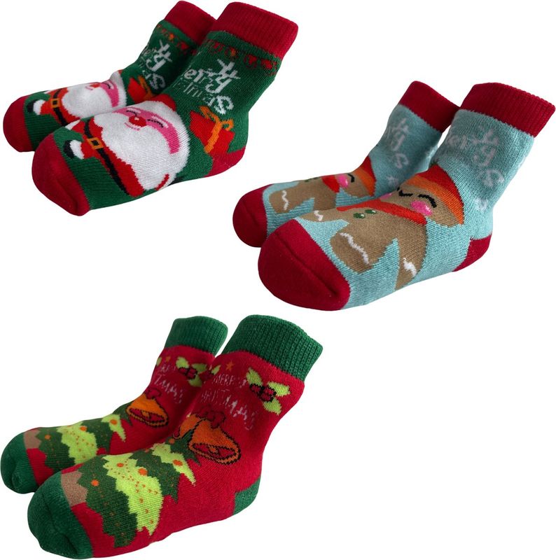 Fienosa Baby Sokjes Kerst Motief - 3 Paar - Rood - Blauw - Groen - Kerstcadeau