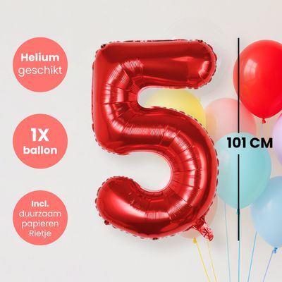 Fienosa Cijfer Ballonnen nummer 5 - Rood - 101 cm - XL Groot - Helium Ballon - Verjaardag Ballon - Leeftijd verjaardag - Verjaardagsballon - Verjaardag