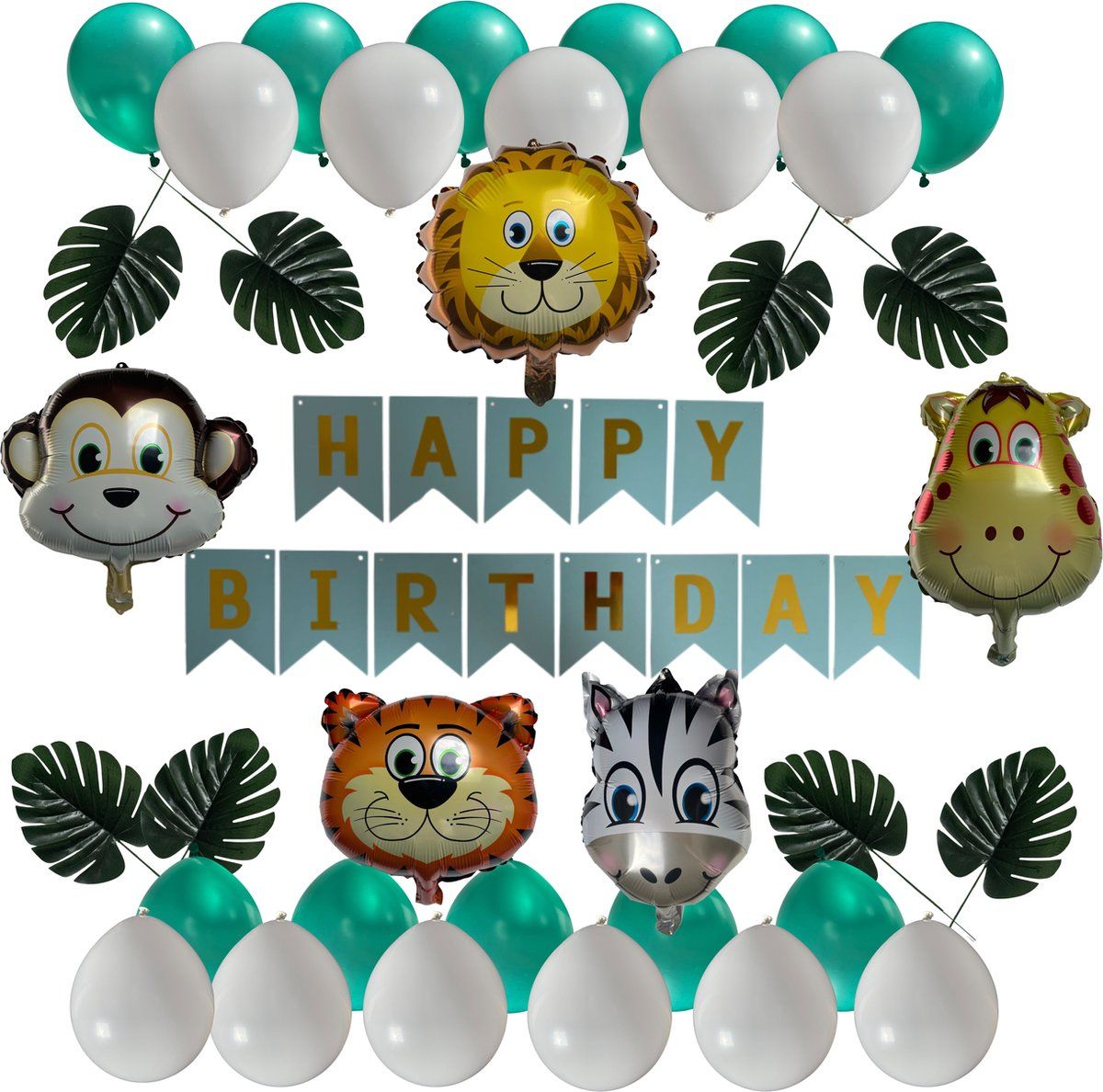 Jungle Dieren Ballonnen Set - 5 grote dierenkoppen plus jungle bladeren - Jungle verjaardag - Jungle Decoratie - 48 items - Jungle dieren - Verjaardag Versiering - Happy Birthday Slinger - Ballonnen -