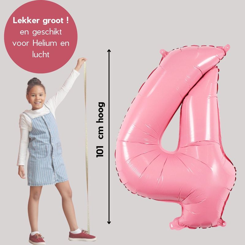 Cijfer Ballonnen Roze 4 - Nummer 4 - Roze - 101 cm - Helium Ballon - Verjaardag Versiering - Verjaardag Ballon - Leeftijd