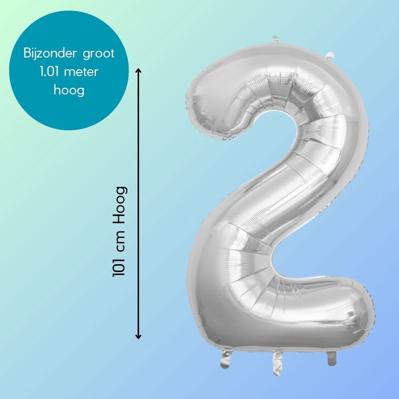 Fienosa Cijfer Ballonnen - Nummer 2 - Zilver Kleur - 101 cm - XL Groot - Helium Ballon - Verjaardag Ballon - Verjaardag versiering - Leeftijd verjaardag - Verjaardagsballon - Verjaardag