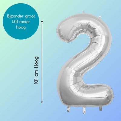 Fienosa Cijfer Ballonnen - Nummer 2 - Zilver Kleur - 101 cm - XL Groot - Helium Ballon - Verjaardag Ballon - Verjaardag versiering - Leeftijd verjaardag - Verjaardagsballon - Verjaardag