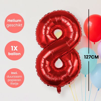 Fienosa Cijfer Ballonnen nummer 8 - Rood - 127 cm - XXL Groot - Helium Ballon - Verjaardag Ballon - Leeftijd verjaardag - Verjaardagsballon - Verjaardag