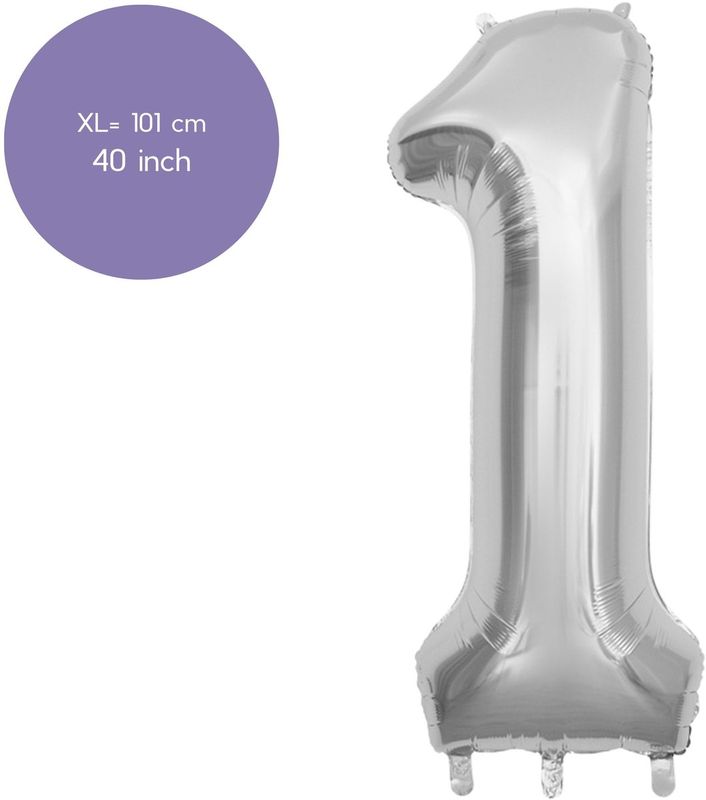 Fienosa Cijfer Ballonnen - Nummer 1 - Zilver Kleur - 101 cm - XL Groot - Helium Ballon - Verjaardag Ballon - Verjaardag versiering - Leeftijd verjaardag - Verjaardagsballon - Verjaardag