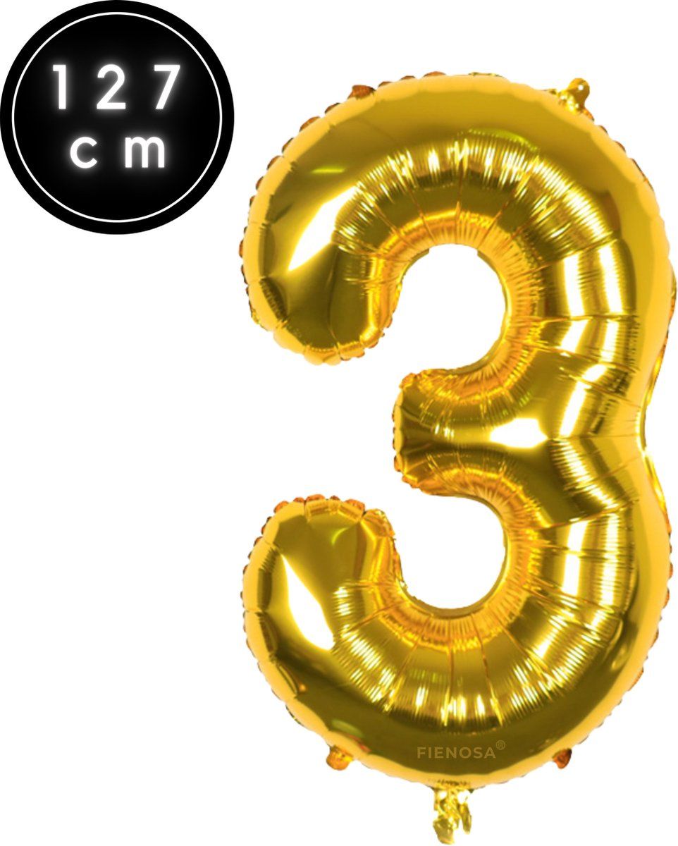 Fienosa Cijfer Ballonnen - Nummer 3 - Goud Kleur - 127 cm - XXL Groot - Helium Ballon - Verjaardag Ballon - Verjaardag Versiering - Leeftijd verjaardag - Verjaardagsballon - Verjaardag