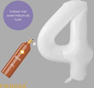 Fienosa - Cijfer Ballonnen - Nummer 4 - Wit - 101 cm - Helium Ballon - Verjaardag Ballon - Verjaardag Versiering - Leeftijd verjaardag - Verjaardagsballon - Verjaardag