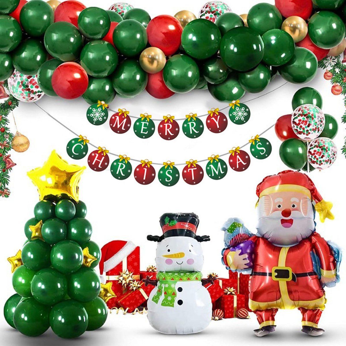 Fienosa Kerst Ballonnenboog - Kerst Thema - Kerstboom - Sneeuwpop - Rood Groen - Kerst Decoratie - Kerstcadeau - Kerst Ballonnen - Kerstman Ballon - Ballonnen boog - 88 stuks - Helium Ballonnen -