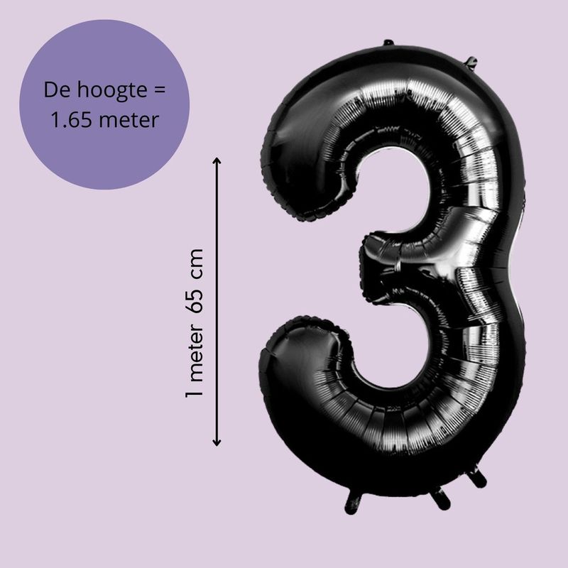Fienosa Cijfer Ballonnen nummer 3 - Zwart - 165 cm - Helium Ballon - Verjaardag ballon - Verjaardag versiering - Leeftijd verjaardag - Verjaardagsballon - Verjaardag
