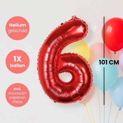 Fienosa Cijfer Ballonnen nummer 6 - Rood - 101 cm - XL Groot - Helium Ballon - Verjaardag Ballon - Leeftijd verjaardag - Verjaardagsballon - Verjaardag