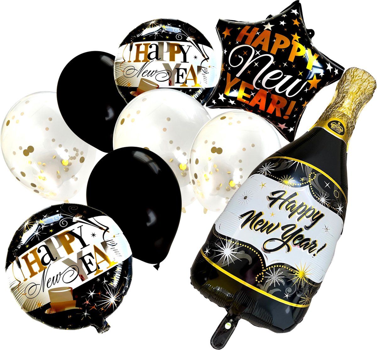 Happy New Year Ballonnen Set - Champagne Fles - Oud en Nieuw Feest - Nieuwjaarsfeest - Feestversiering - Party versiering - Helium Geschikt - Kerstcadeau