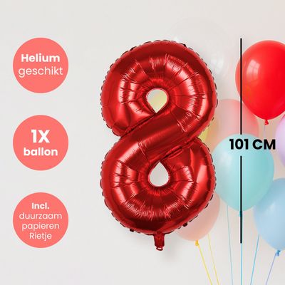 Fienosa Cijfer Ballonnen nummer 8 - Rood - 101 cm - XL Groot - Helium Ballon - Verjaardag Ballon - Leeftijd verjaardag - Verjaardagsballon - Verjaardag