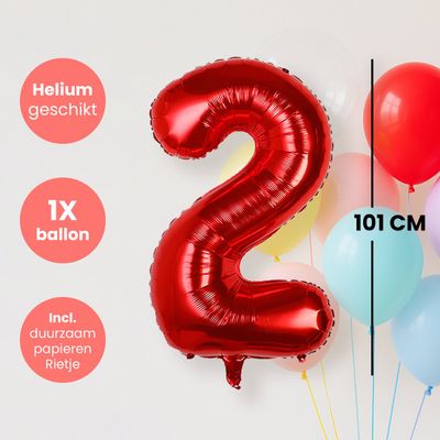 Fienosa Cijfer Ballonnen nummer 2 - Rood - 101 cm - XL Groot - Helium Ballon - Verjaardag Ballon - Leeftijd verjaardag - Verjaardagsballon - Verjaardag