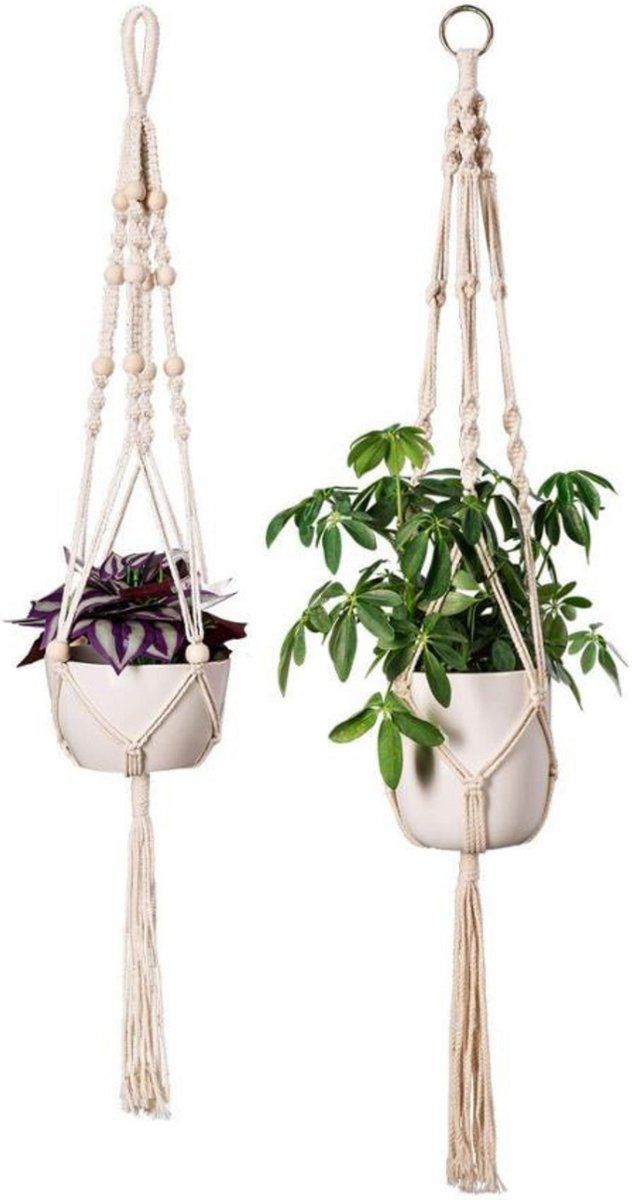 Fienosa Hangpot Plantenhanger set - Macrame Knopen- Plantenpothanger - Bloempothanger - Bloempot hanger - Set van 2 - Wit - Luxe Gevlochten Touw - Inclusief witte Ophang haken
