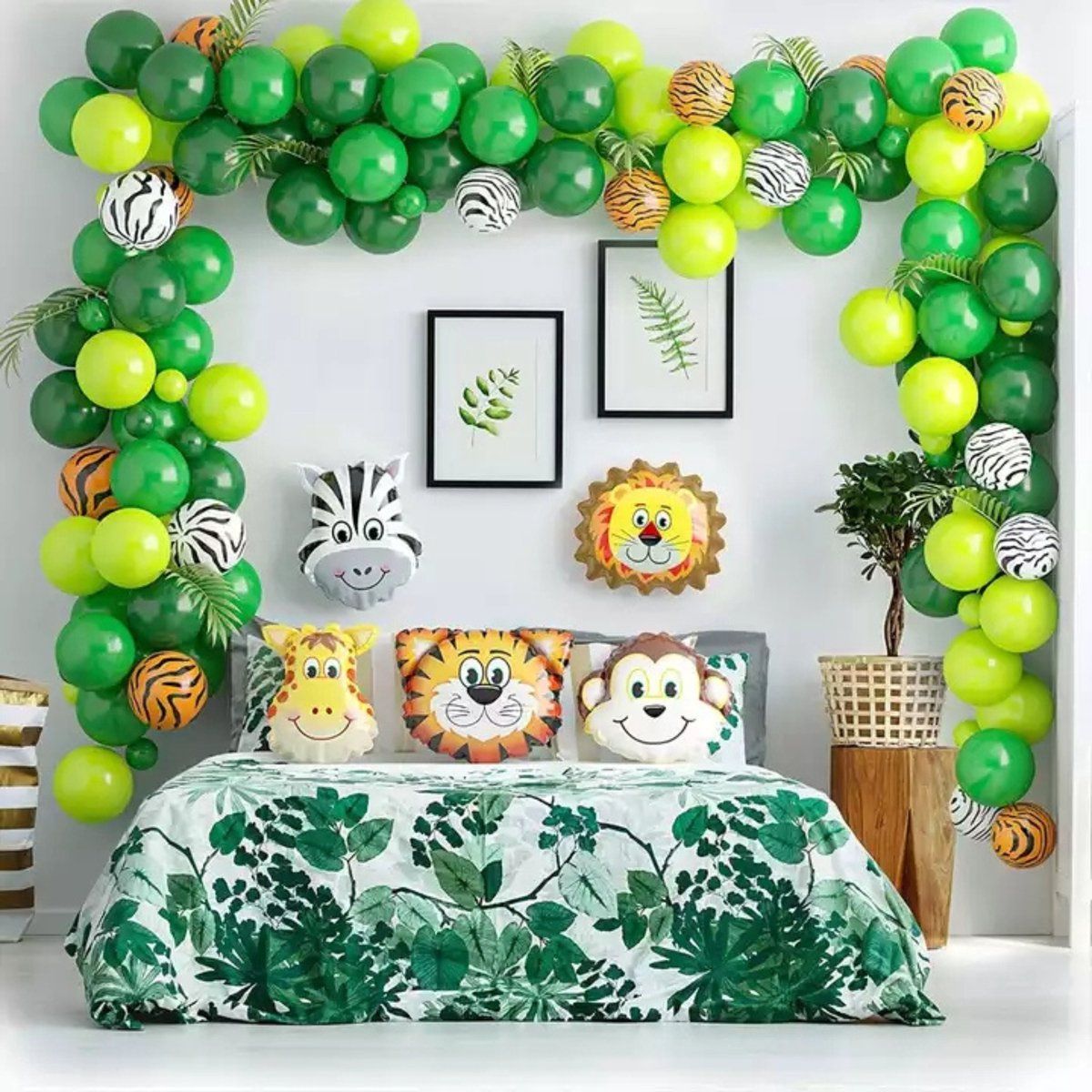 Jungle Ballonnen Versiering plus jungle bladeren - Jungle Thema - Incl. 5 grappige jungle dieren ballonen - XXL Jungle Ballon Set Groot- Jungle Decoratie - Jungle Dieren - 126 items - Verjaardag